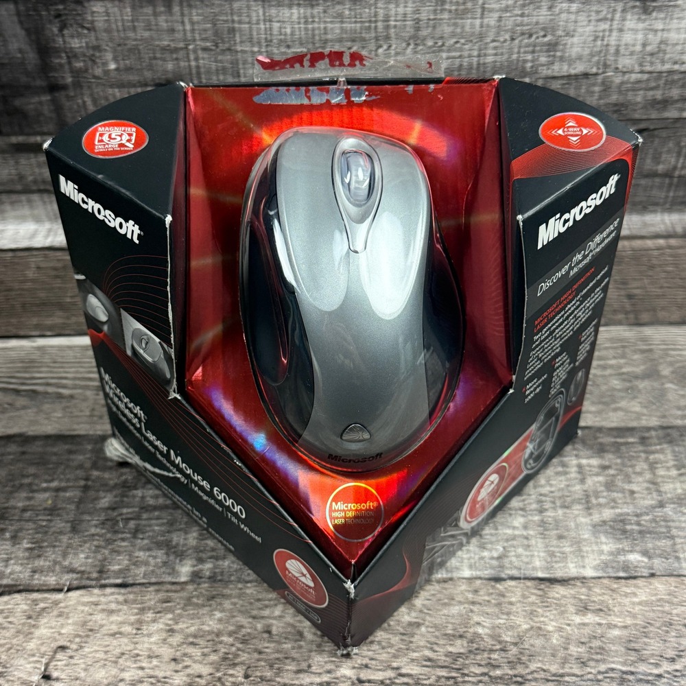 Microsoft Wireless Laser Mouse 6000 Model 1052 Silver Black with Receiver Box